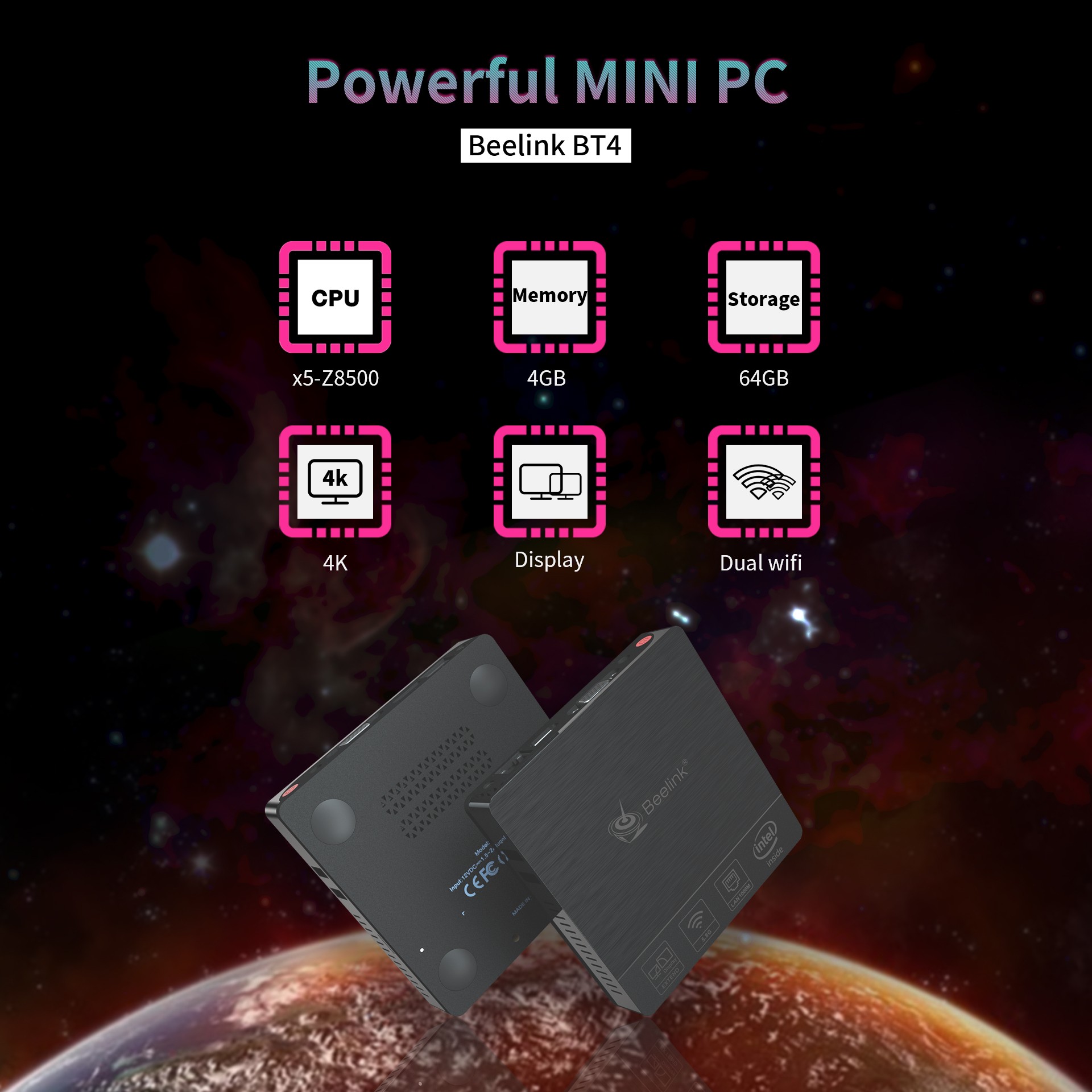 Beelink BT4 New Desktop Mini PC With Intel Atom X5-Z8500 Intel HD Graphics 600 / 4GB RAM + 64GB EMMC / 2.4GHz + 5.8GHz WiFi / 1000Mbps / 4 X USB3.0 / BT4.0 / Support 4K - Black EU Plug